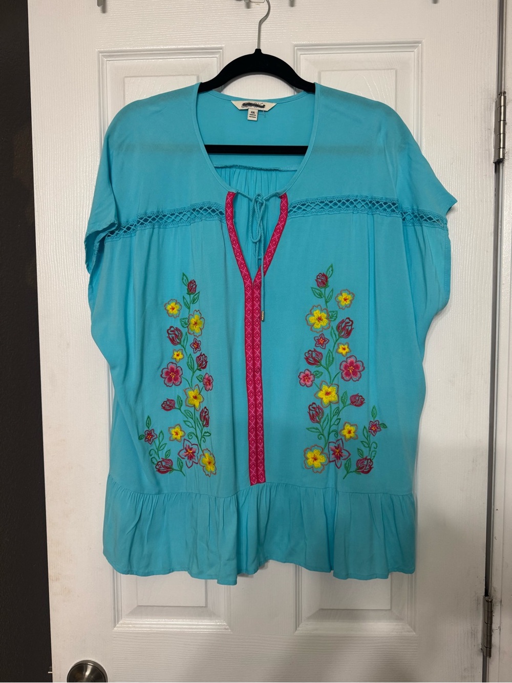 The Pioneer Woman Turquoise Peasant Blouse with Pink Trim and Floral Embroidery